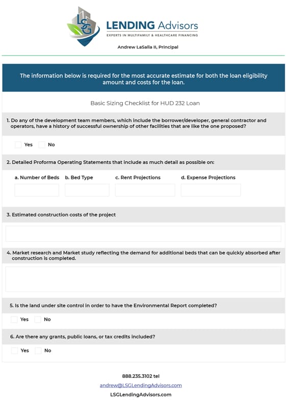 Checklist for HUD 232 Loan Sizing