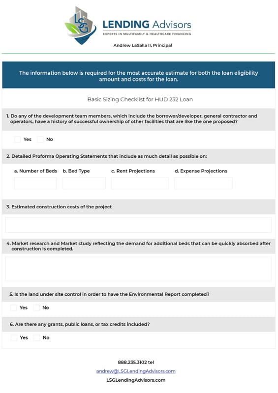 Checklist for HUD 232 Loan Sizing